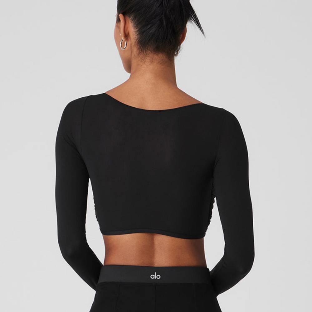 Alo Mesh Sheer Illusion Cropped Long Sleeve Black Size Small - Picture 5 of 8